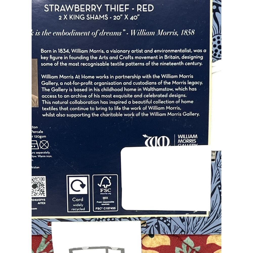 William Morris Strawberry Thief Red King Quilted Pillow Shams Set Pair Of 2 - Picture 10 of 11